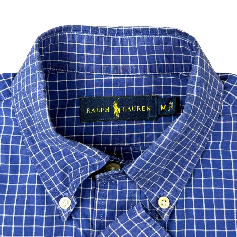 Ralph Lauren Mens Blue White Grid Button Down Shirt Long Sleeve Size Medium